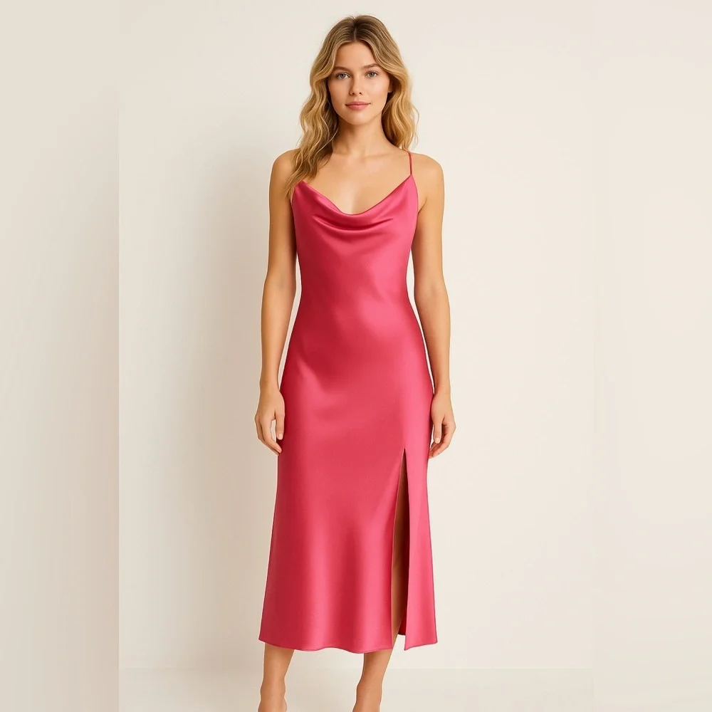 NWOT Glam Cowl neck Satin Maxi Slip Dress Pink sz Small - Picture 1 of 7